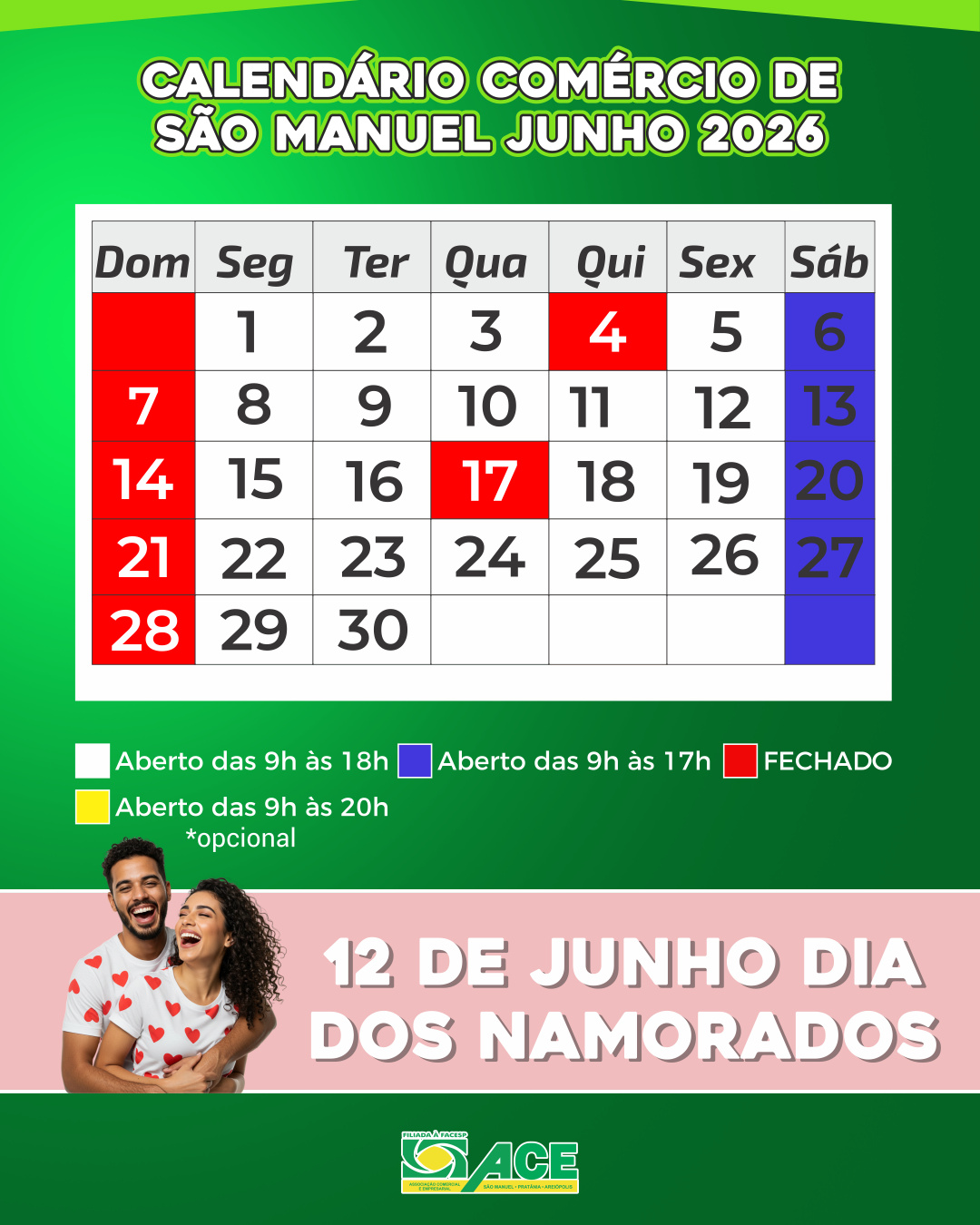 Calendário do Comércio de Junho 2026