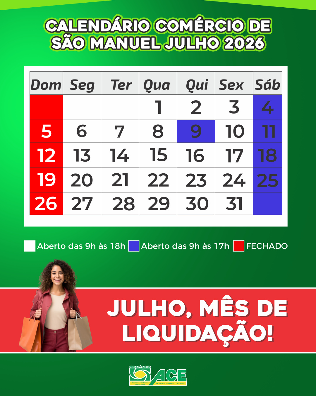Calendário do Comércio de Julho 2026