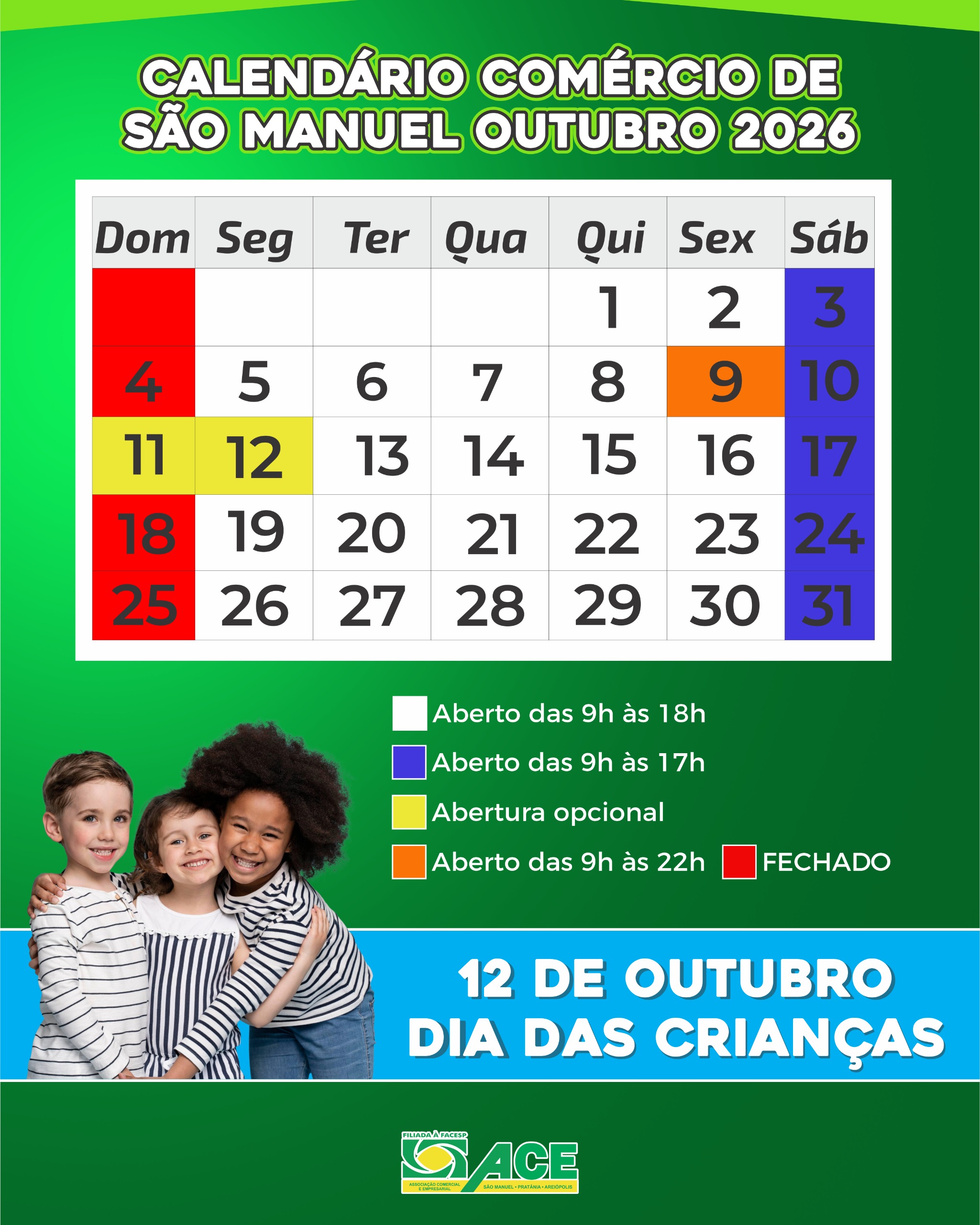 Calendário do Comércio Outubro 2026